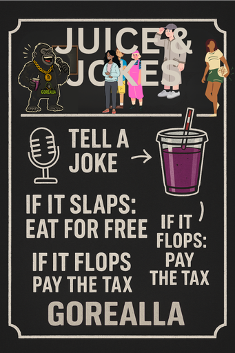 Juice, Jokes & Jerks â€” Tell a joke. If it slaps: eat for free. If it flops: pay the tax.